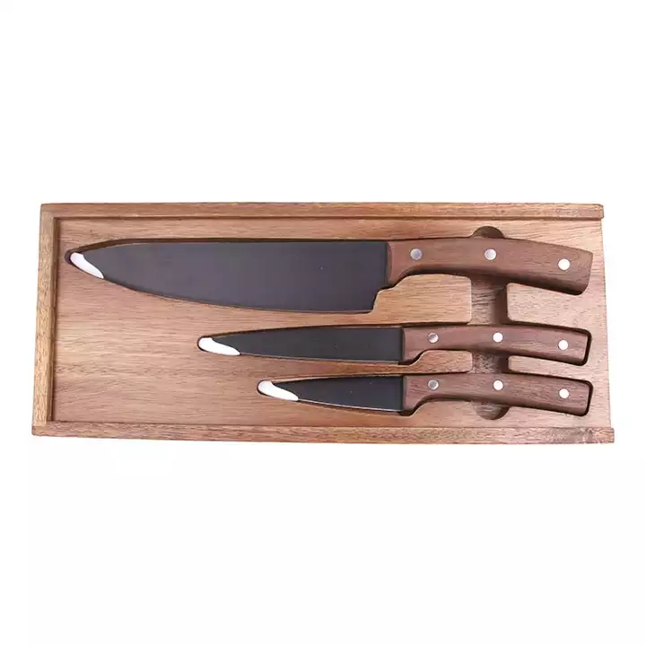 Hot Selling Nový design Černý oxidový nátěr Kuchyňské nože Kuchařský nůž Sada s rukojetí z ořechového dřeva 