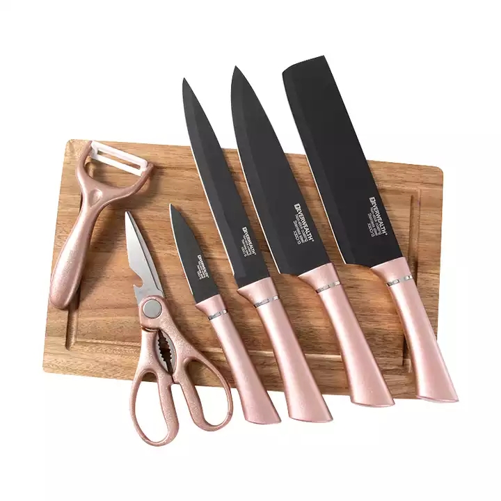 Hot Selling Dárková krabička 7 kusy Kuchyňské nádobí Nerezová ocel Black Blade Knife Set s řezacím prknem 