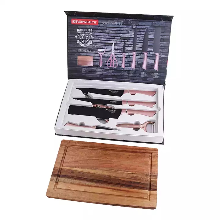 Hot Selling Dárková krabička 7 kusy Kuchyňské nádobí Nerezová ocel Black Blade Knife Set s řezacím prknem 