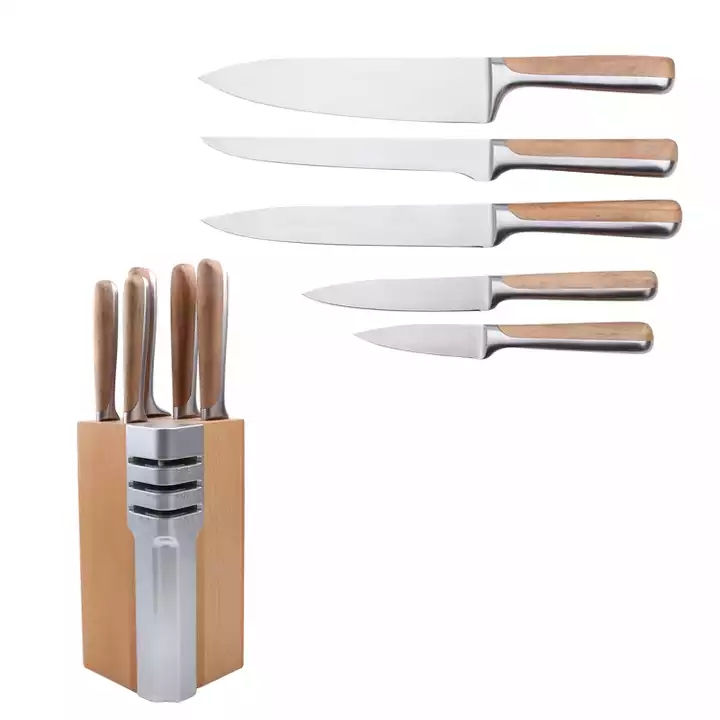 Nerezová ocelová kuchyňská sada nožů z bukového dřeva C430 rukojeti s dřevěnou základnou pro skladování nožů 
